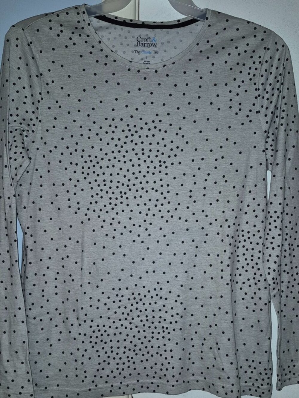 Croft & Barrow The Classic Tee LS T-Shirt Cotton Light Gray Black Dots Women's L